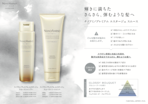 ナノアミノプレミアム エスタージュ モイスチャーシャンプーとモイスチャートリートメント。乾燥・うねり対策と地肌ケアで、うるおいに満ちたしっとりまとまる髪を叶える。ブリリアントブーケの香り。