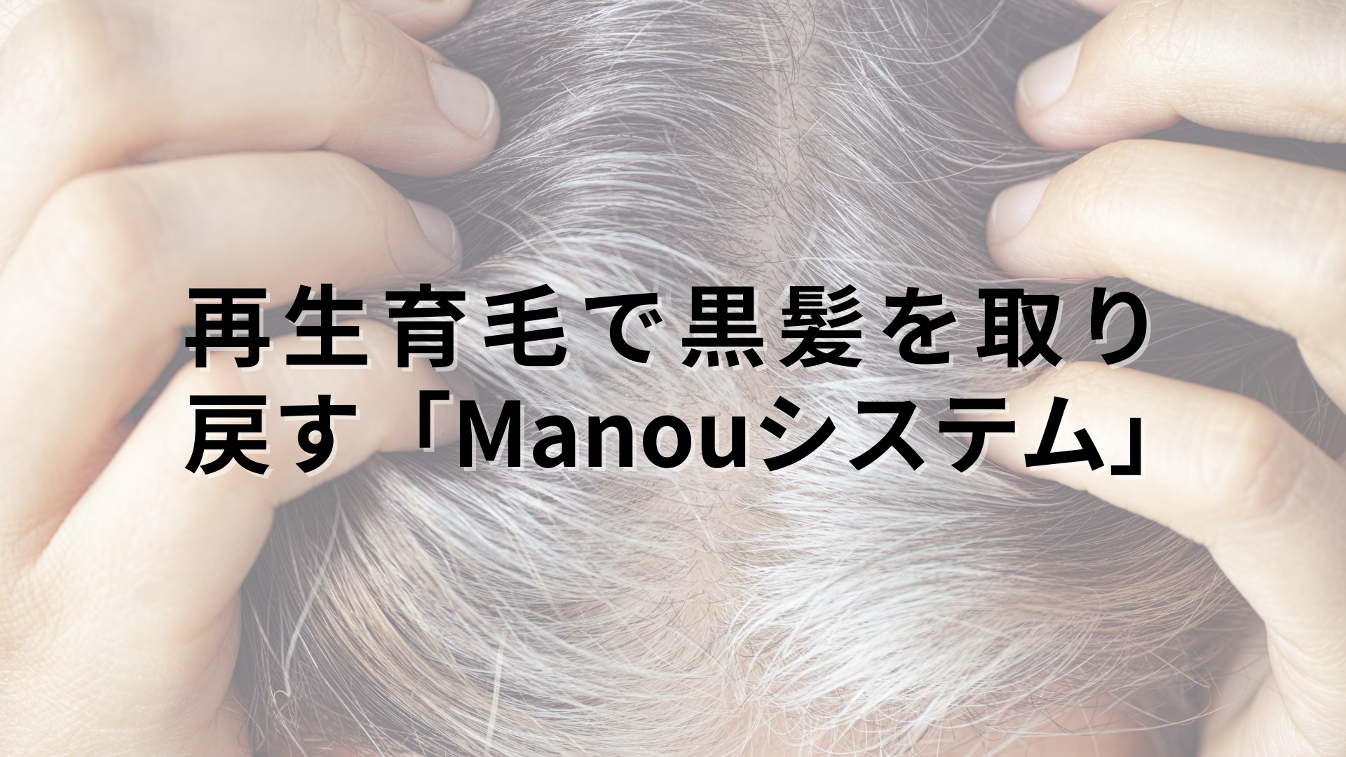白髪が混じる頭髪をかき分ける様子と「再生育毛で黒髪を取り戻す Manouシステム」のテキスト。麻布台Manoukianが提供する30代40代女性向けの白髪・薄毛根本改善プログラムの記事